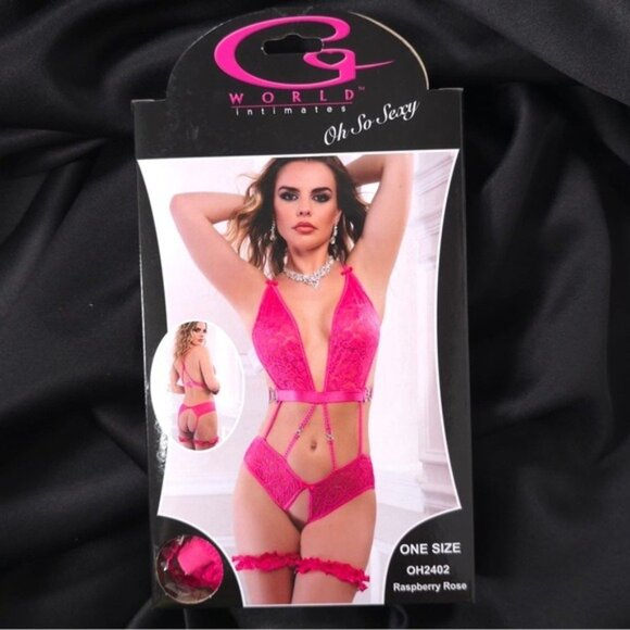 G World Intimates OH2402 Raspberry Rose Lace Teddy Open Crotch One Size Lingerie - Picture 3 of 8